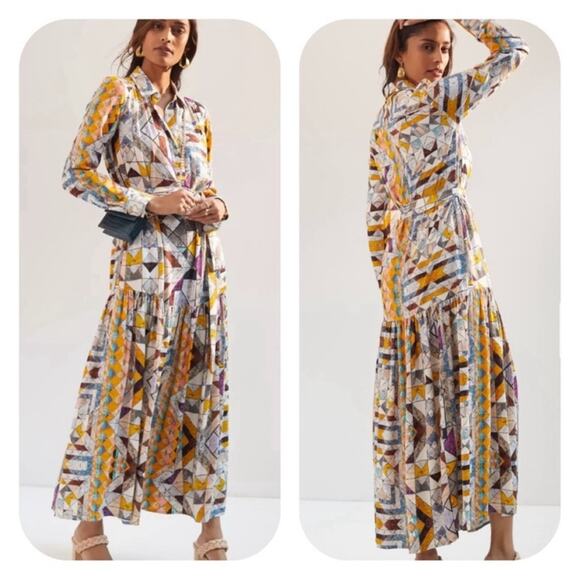 Anthropologie Flounced Abstract Maxi Dress Gray Yellow size small - Picture 1 of 13